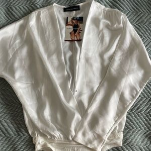 Naked White Silk Feeling Log sleeve deep v bodysuit